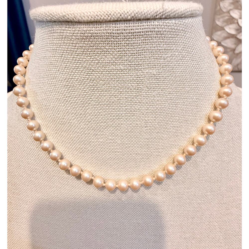 Vintage Monet Faux Pearl Necklace – 16” Signed Gold Tone Monet